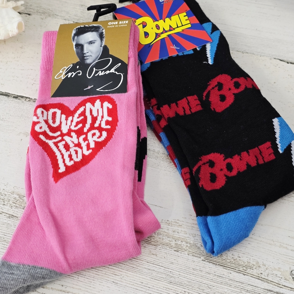 2 Pairs Elvis Presley & David Bowie Unisex Crew Socks Bundle